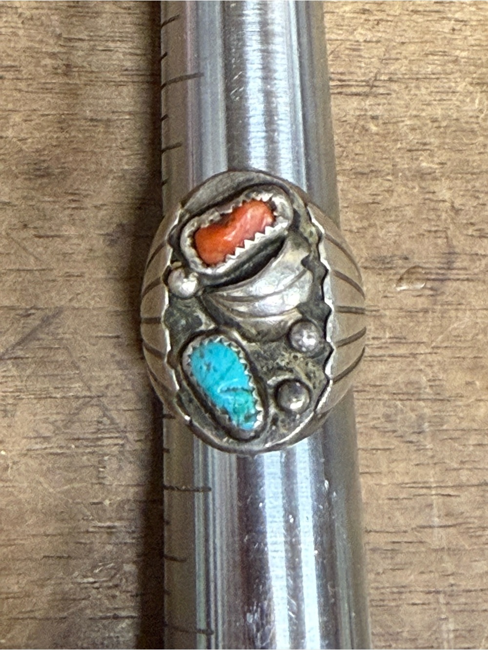 Sterling Silver Turquoise & Coral Inlay mens Statement Ring